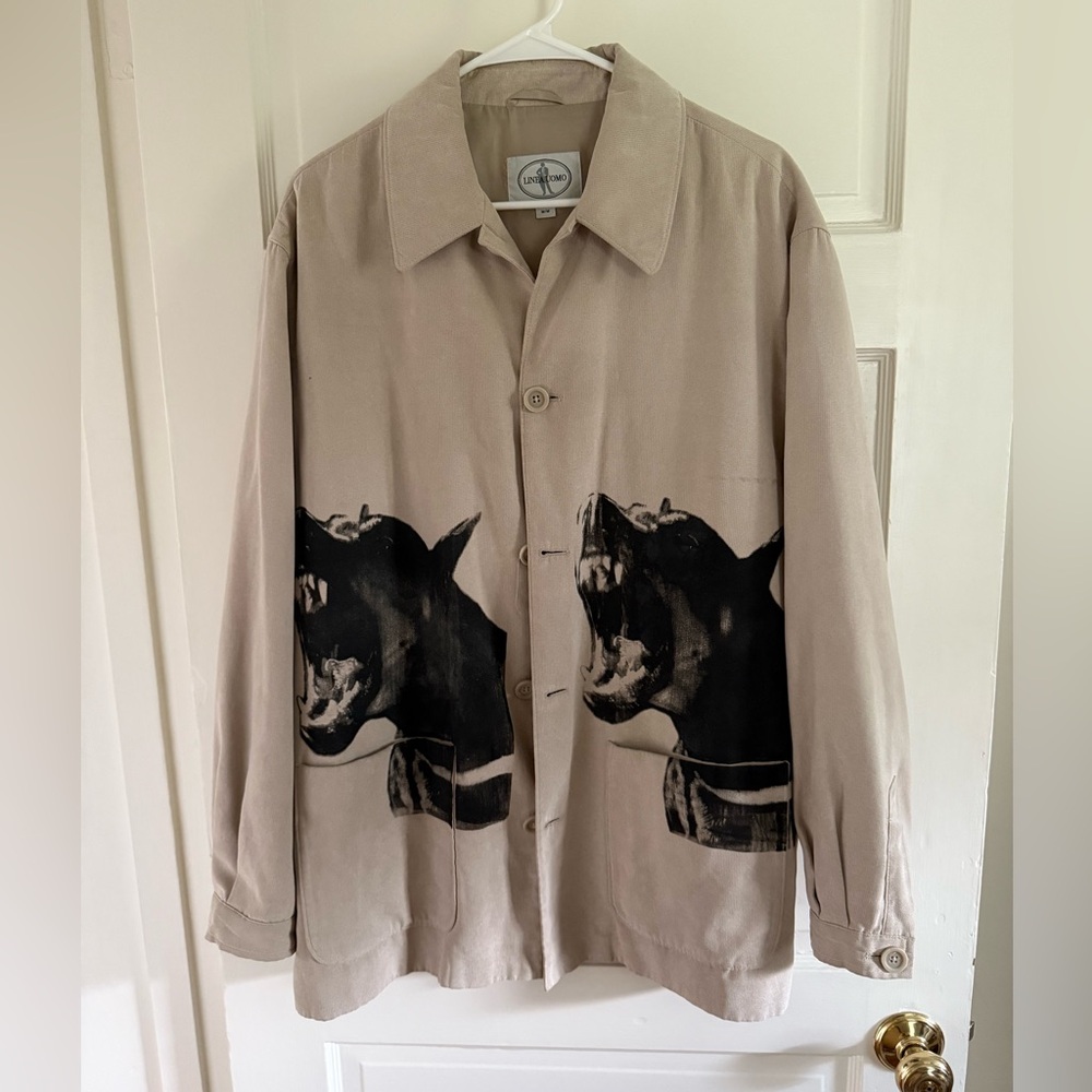 Men's Beige Jacket with Black Dog Graphic Size M